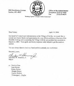 Thank You letter from the Village of Fairfax.