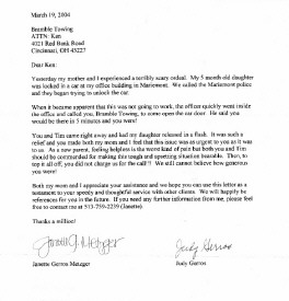 Thank You letter from a  stranded motorist.